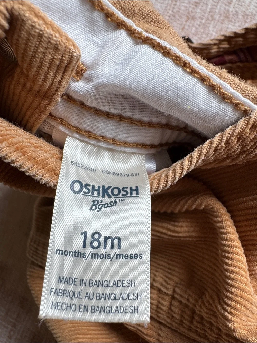 OshKosh B'gosh Toddler Corduroy Overalls in Camel with Plaid Cuffs size 18M